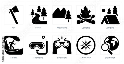 A set of 10 adventure icons as axe, forest, mountains