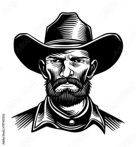 cowboy head engraving black and white outline