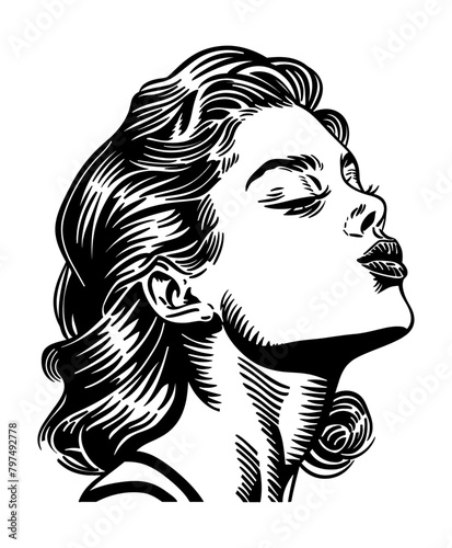 girl kiss pose portrait engraving black and white outline