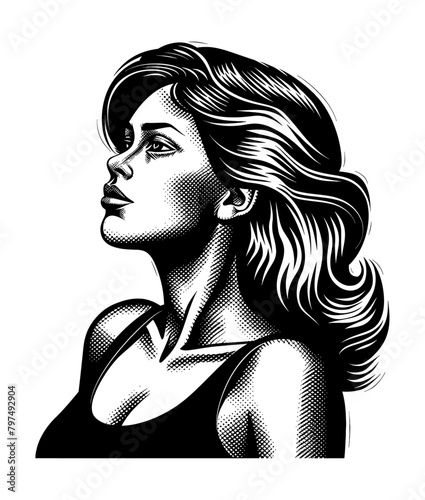 girl model beautiful portrait engraving black and white outline