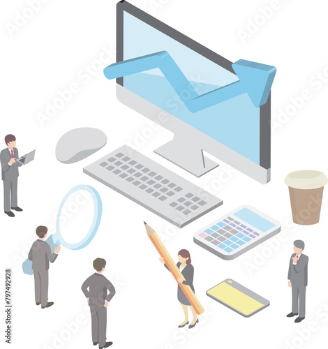 アイソメトリック　ビジネス　パソコン　電卓　人物　男性　女性　金融　マネー　シンプル　イラスト素材