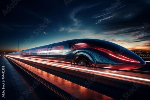 Futuristic Night Train with Red Lighting photo