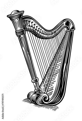 harp engraving black and white outline