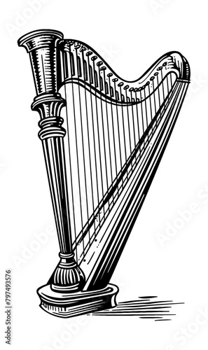 harp engraving black and white outline