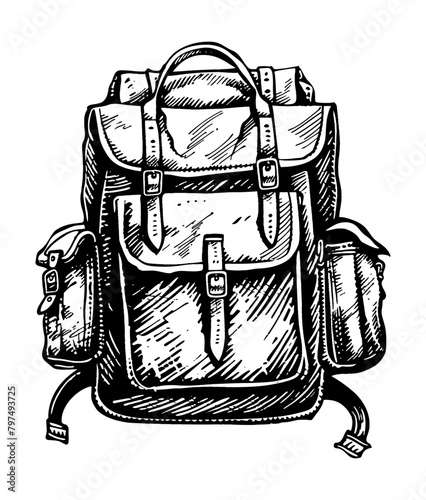 bag camping engraving black and white outline