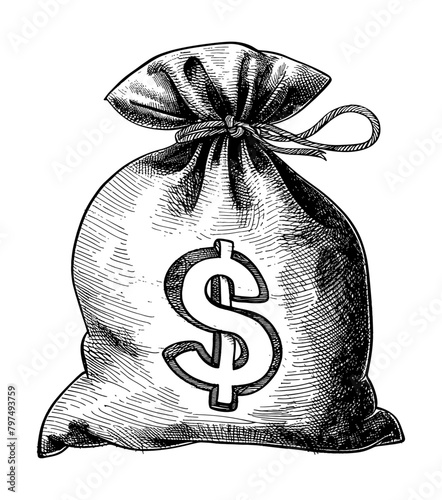 bag money engraving black and white outline