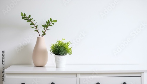 plant in a vase on the table, modern vase and interior plant pot on sleek white furniture against a clean white background