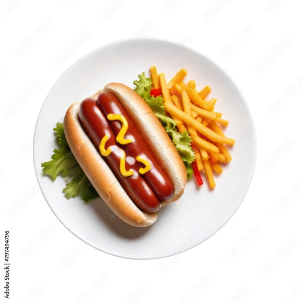 hot dog in a plate healthy food top view on Isolated transparent background png. generated with AI hot dog in a plate healthy food top view on Isolated transparent background png. generated with AI