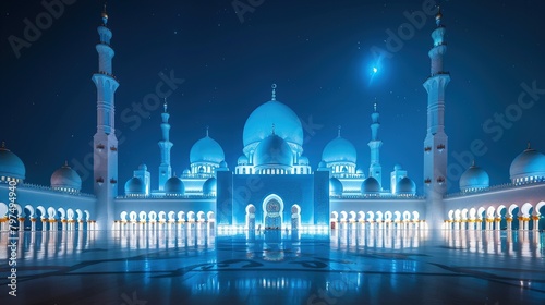 The image shows a night view of the Sheikh Zayed Grand Mosque in Abu Dhabi, United Arab Emirates. The mosque is lit up and reflecting in the water with a blue sky in the background.