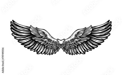 wing pair engraving black and white outline