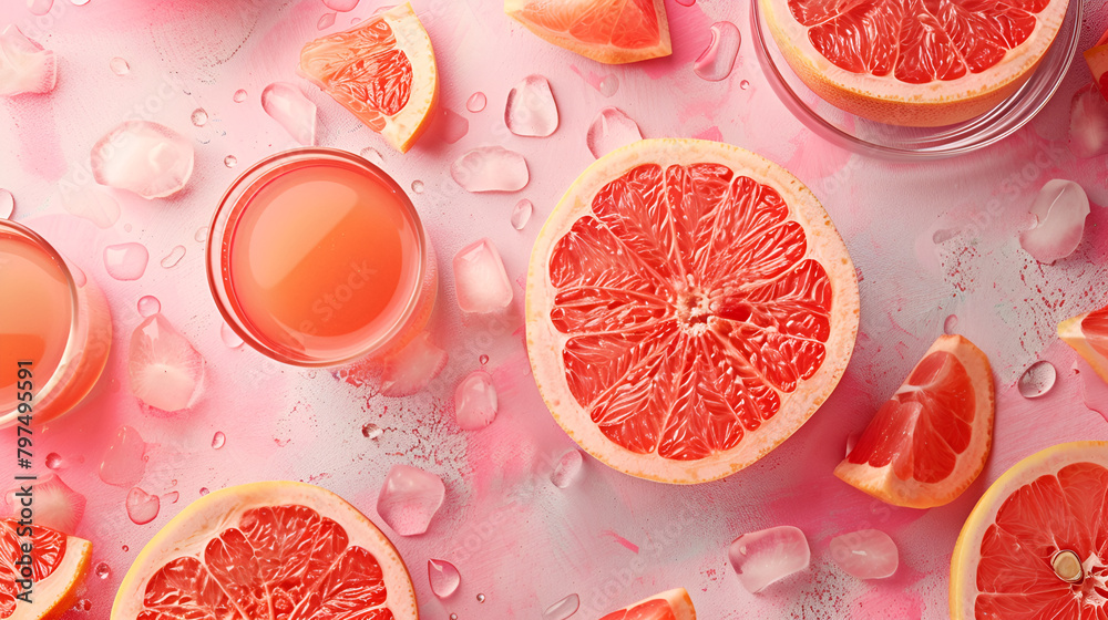 Flat lay composition with halves of different citrus fruits on pink background,Glass of tasty grapefruit juice and fresh fruits on color background, fresh citrus juice in a glass Flat lay composition with halves of different citrus fruits on pink background,Glass of tasty grapefruit juice and fresh fruits on color background, fresh citrus juice in a glass