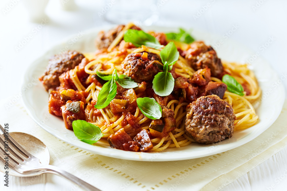 Spaghetti Pasta with Meatballs and fresh Basil o bright background. Close up.
Spaghetti Pasta with Meatballs and fresh Basil o bright background. Close up.