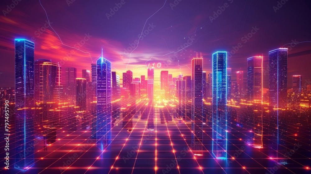 Abstract Grid scape: A 3D vector illustration of a cityscape transformed into an abstract grid pattern