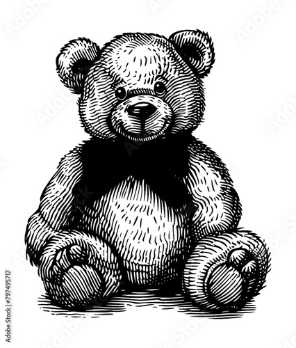bear toy engraving black and white outline