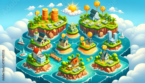 Cartoon Investment Islands in Value Waters - Photo Real Concept for Stock Photo