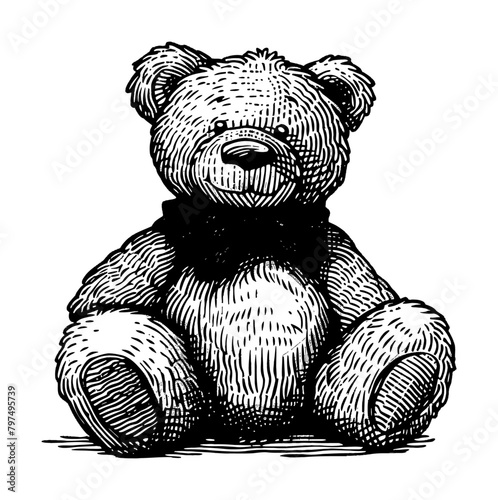 bear toy engraving black and white outline