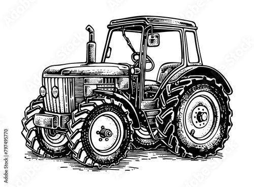 tractor engraving black and white outline