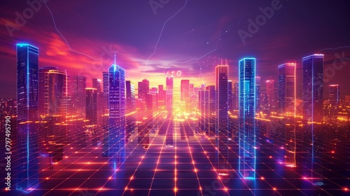 Abstract Grid scape: A 3D vector illustration of a cityscape transformed into an abstract grid pattern photo