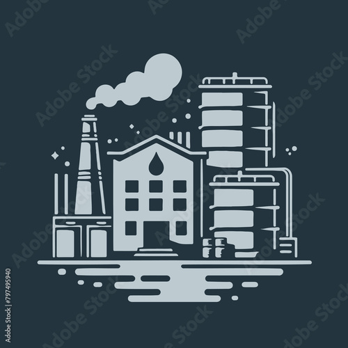 Oil processing and storage site rendered in a straightforward vector drawing on a dark background