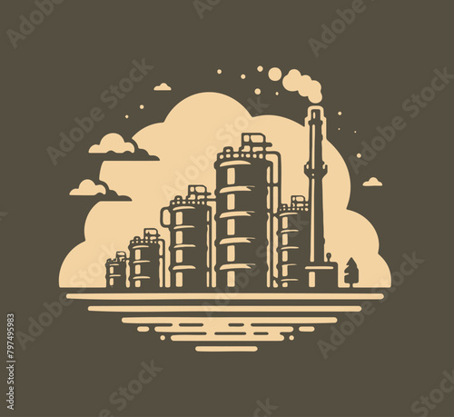 Vector illustration of an oil refinery and storage terminal in a simple stencil style on a dark backdrop