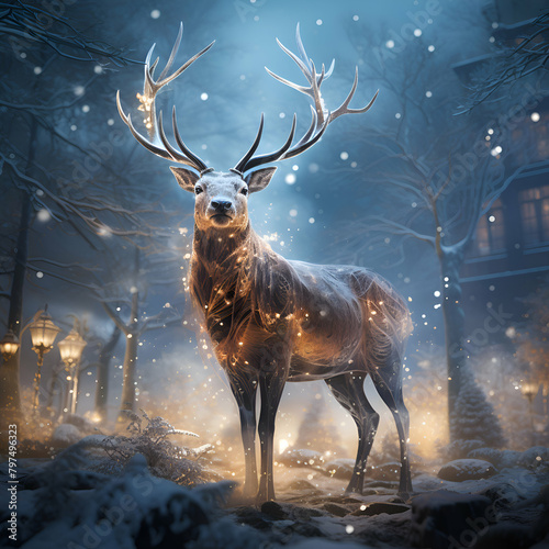 Deer in the winter forest with snow and fog. 3d rendering
