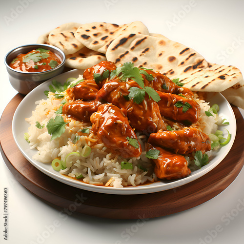 chicken tikka masala served with rice and chapati photo