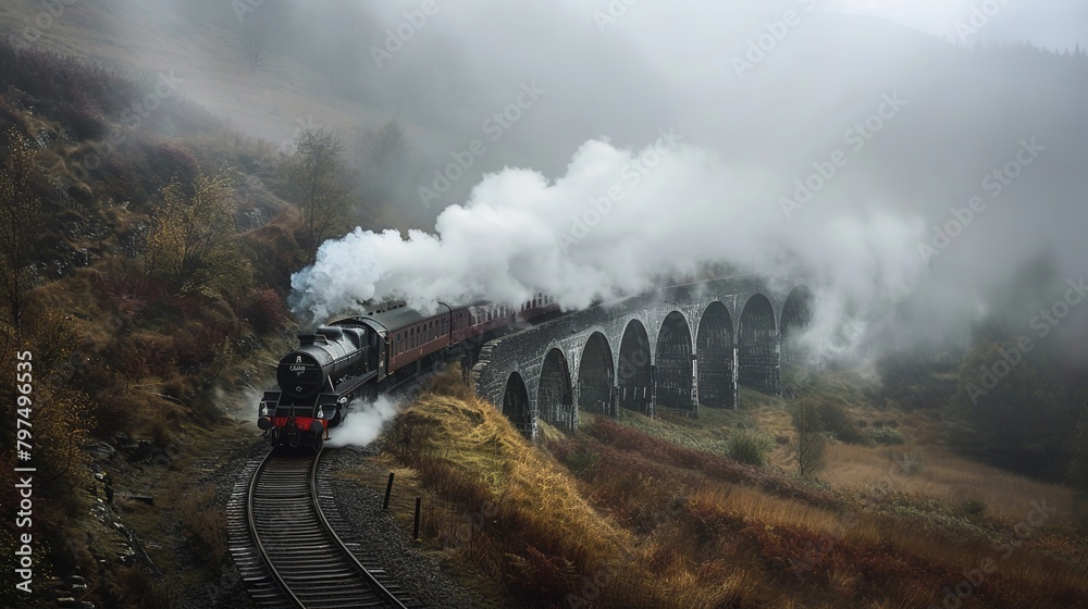Fototapeta premium A train emerging from a tunnel into a foggy landscape