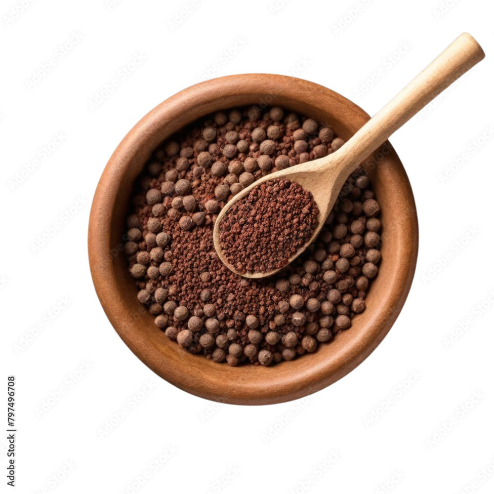 Ground allspice pepper in bowl, grains and scoop on Isolated transparent background png. generated with AI Ground allspice pepper in bowl, grains and scoop on Isolated transparent background png. generated with AI