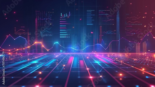 Data Grid: A vector illustration of a 3D grid with data points and charts hovering above