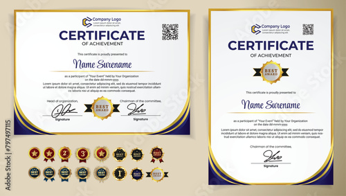 Blue Certificate template modern Luxury using Gold ribbon with Badge editable and Qr Code for formal, award, academic, graduation, bussiness, education, training, honor, diploma, event, course. 