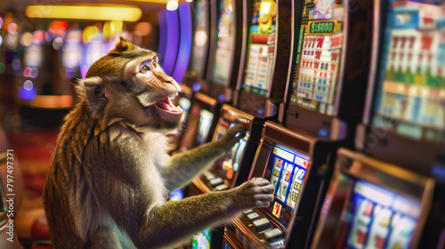 Monkey Playing Slot Machines in a Casino
