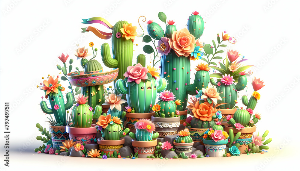 Fiesta Flora: Botanical Collection of Cartoon Cacti in 3D Chibi Style with Flowers and Ribbons in Festive Isometric Scene