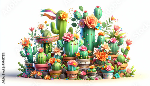 Fiesta Flora: Botanical Collection of Cartoon Cacti in 3D Chibi Style with Flowers and Ribbons in Festive Isometric Scene