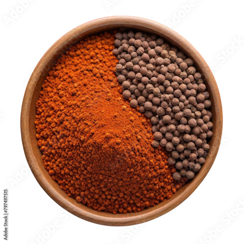 Ground allspice pepper in bowl, grains and scoop on Isolated transparent background png. generated with AI