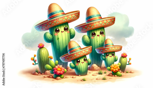 Joyful Cartoon Saguaro Cacti Wearing Sombreros Celebrating Cinco de Mayo in Watercolor Desert - 3D Chibi Style Isometric Scene
