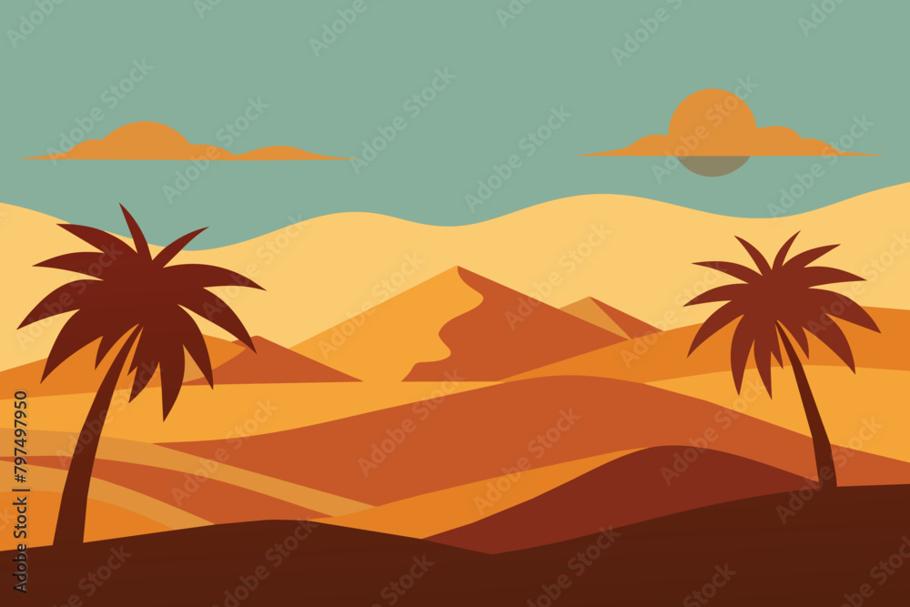 Desert Panorama Background with Palm Trees vector design