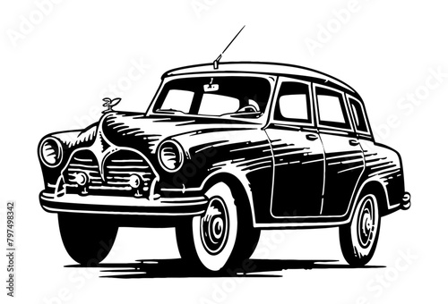 retro car engraving black and white outline