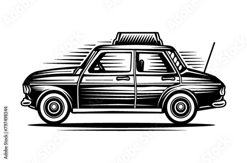 retro taxi engraving black and white outline