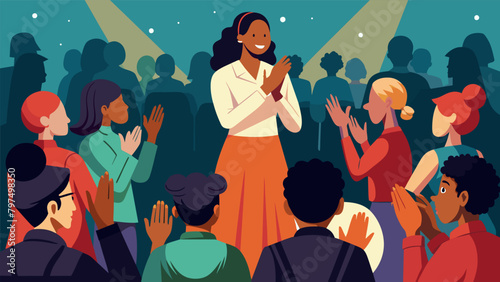 The audience rises to their feet in a standing ovation deeply moved by the emotional and poignant performance that pays tribute to the ongoing. Vector illustration