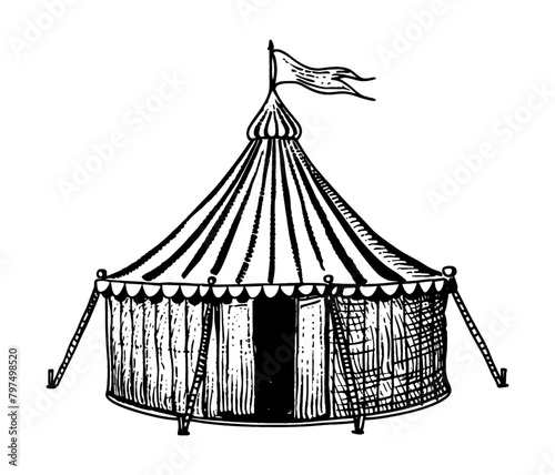 circus tent engraving black and white outline