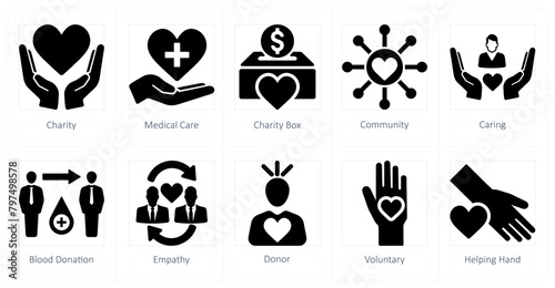 A set of 10 charity and donation icons as charity, medical care, charity box