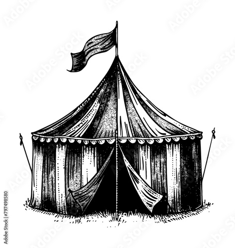 circus tent engraving black and white outline