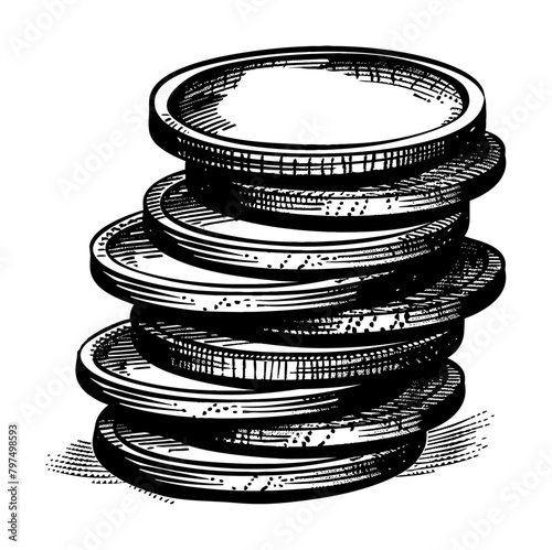 coin stack engraving black and white outline