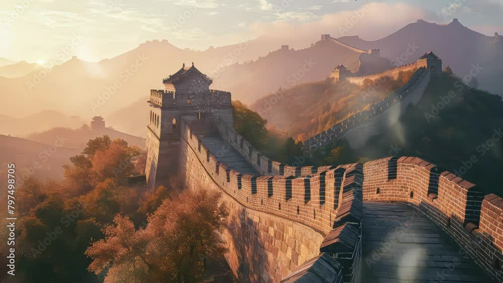  Animation the great wall of china in the morning. seamless 4k video looping background. generated with ai