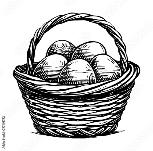 egg in the basket engraving black and white outline