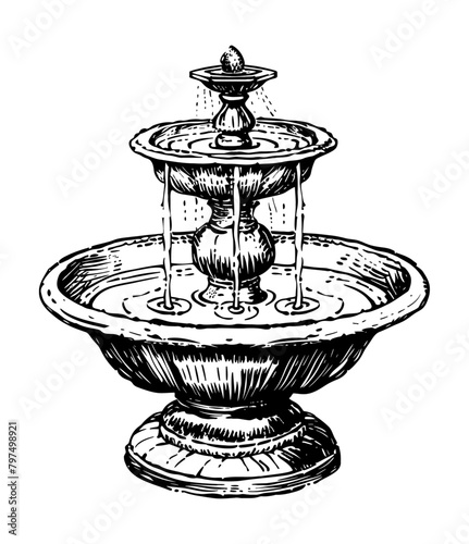 old fountain engraving black and white outline