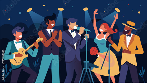 The bands soulful rendition of a blues classic brings the audience to their feet clapping and cheering along to the powerful beats and intense vocals.. Vector illustration