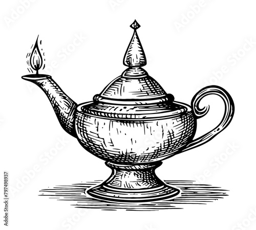 genie lamp engraving black and white outline