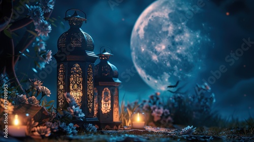 A full moon is rising over a desert with two lanterns in the foreground.