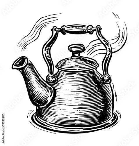 old kettle engraving black and white outline
